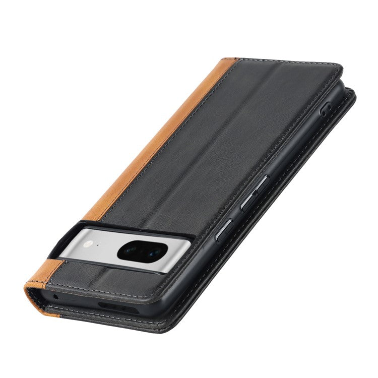 For Google Pixel 7 5G Calf Texture PU Leather Wallet Case Stand Magnetic Auto-absorbed Bi-color Splicing Flip Folio Phone Cover - Black / Yellow