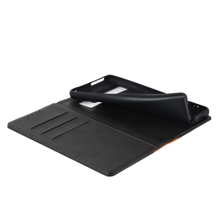 For Google Pixel 7 5G Calf Texture PU Leather Wallet Case Stand Magnetic Auto-absorbed Bi-color Splicing Flip Folio Phone Cover - Black / Yellow