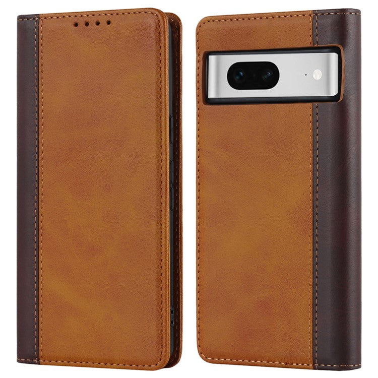 For Google Pixel 7 5G Calf Texture PU Leather Wallet Case Stand Magnetic Auto-absorbed Bi-color Splicing Flip Folio Phone Cover - Yellow / Brown
