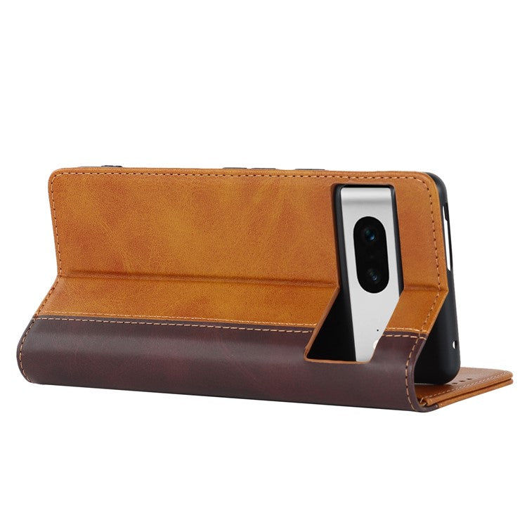 For Google Pixel 7 5G Calf Texture PU Leather Wallet Case Stand Magnetic Auto-absorbed Bi-color Splicing Flip Folio Phone Cover - Yellow / Brown