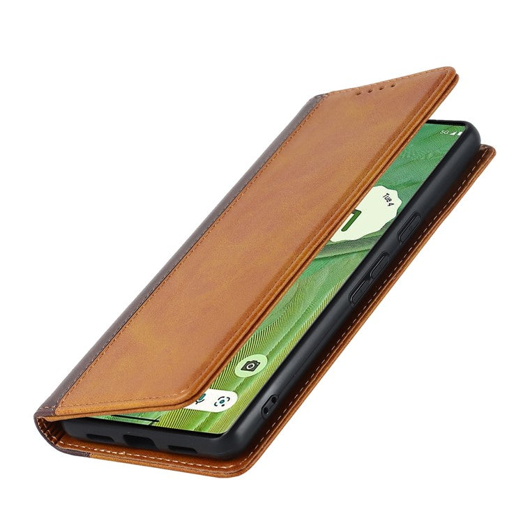 For Google Pixel 7 5G Calf Texture PU Leather Wallet Case Stand Magnetic Auto-absorbed Bi-color Splicing Flip Folio Phone Cover - Yellow / Brown