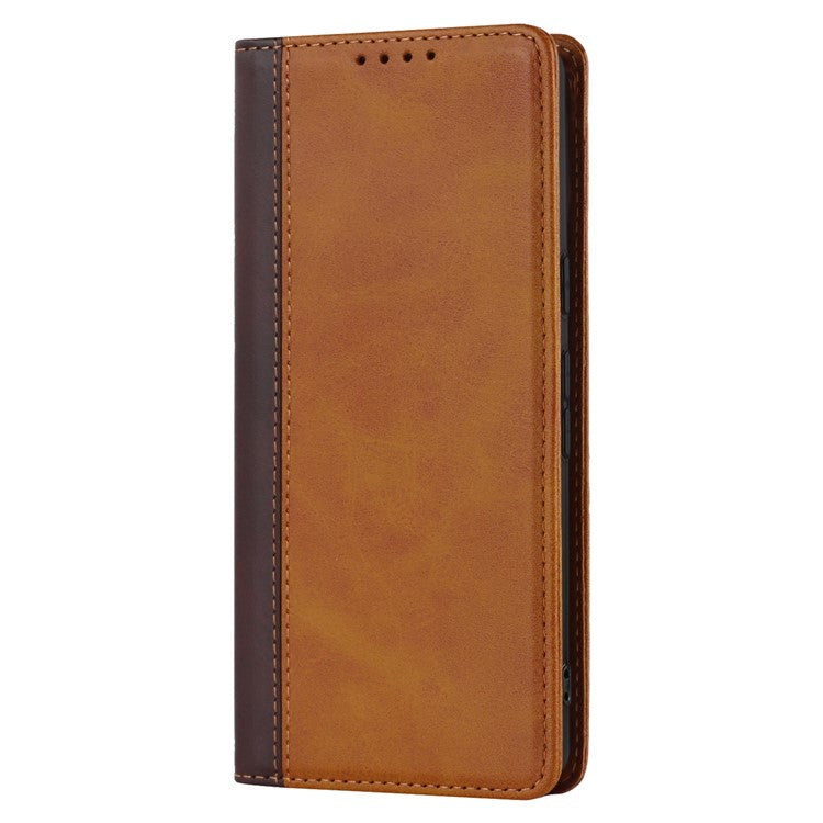 For Google Pixel 7 5G Calf Texture PU Leather Wallet Case Stand Magnetic Auto-absorbed Bi-color Splicing Flip Folio Phone Cover - Yellow / Brown