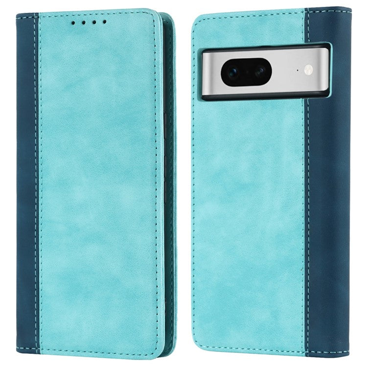For Google Pixel 7 5G Calf Texture PU Leather Wallet Case Stand Magnetic Auto-absorbed Bi-color Splicing Flip Folio Phone Cover - Light Blue / Dark Blue