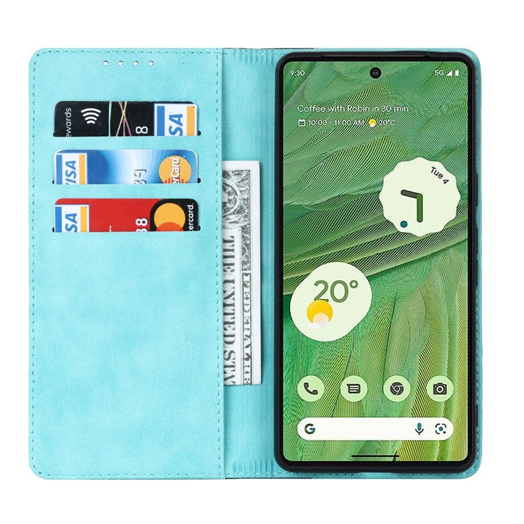 For Google Pixel 7 5G Calf Texture PU Leather Wallet Case Stand Magnetic Auto-absorbed Bi-color Splicing Flip Folio Phone Cover - Light Blue / Dark Blue
