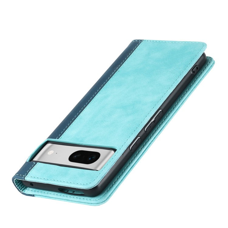 For Google Pixel 7 5G Calf Texture PU Leather Wallet Case Stand Magnetic Auto-absorbed Bi-color Splicing Flip Folio Phone Cover - Light Blue / Dark Blue