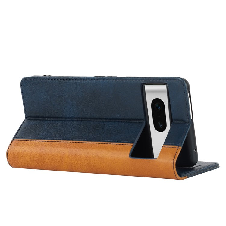 For Google Pixel 7 5G Calf Texture PU Leather Wallet Case Stand Magnetic Auto-absorbed Bi-color Splicing Flip Folio Phone Cover - Blue / Yellow