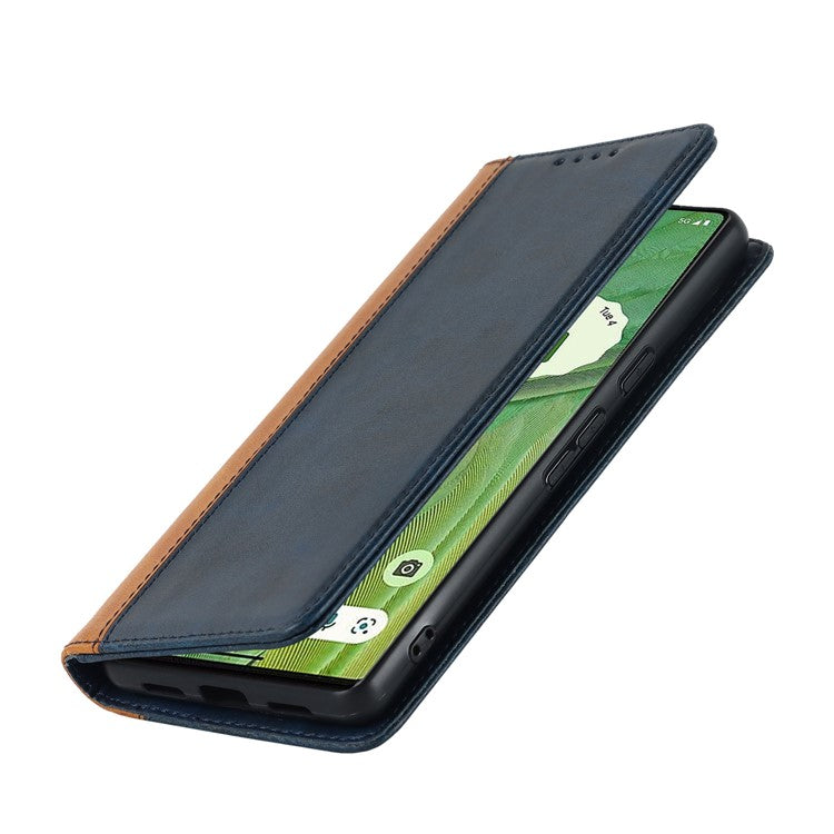 For Google Pixel 7 5G Calf Texture PU Leather Wallet Case Stand Magnetic Auto-absorbed Bi-color Splicing Flip Folio Phone Cover - Blue / Yellow