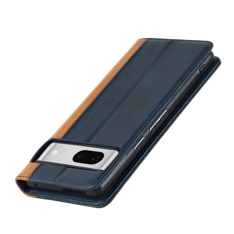 For Google Pixel 7 5G Calf Texture PU Leather Wallet Case Stand Magnetic Auto-absorbed Bi-color Splicing Flip Folio Phone Cover - Blue / Yellow