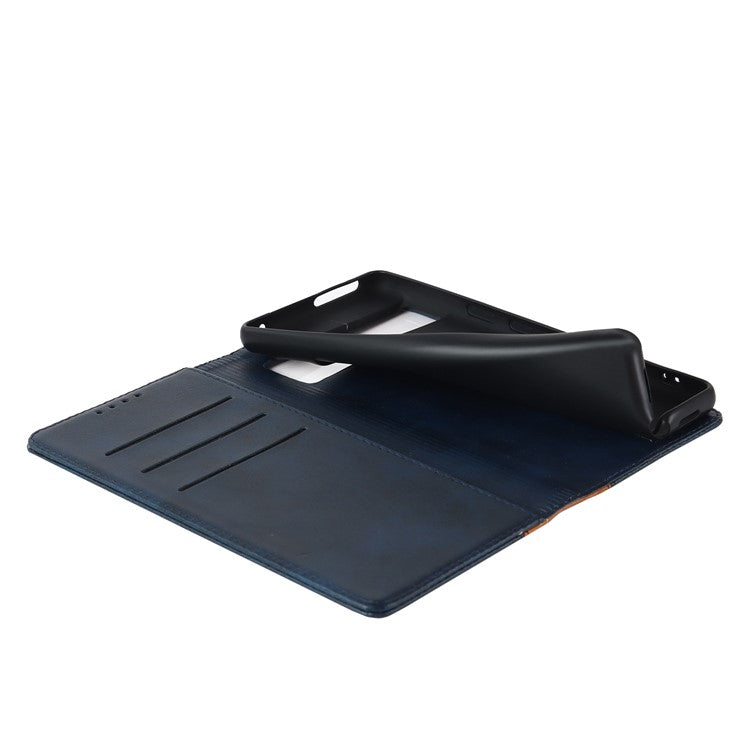 For Google Pixel 7 5G Calf Texture PU Leather Wallet Case Stand Magnetic Auto-absorbed Bi-color Splicing Flip Folio Phone Cover - Blue / Yellow