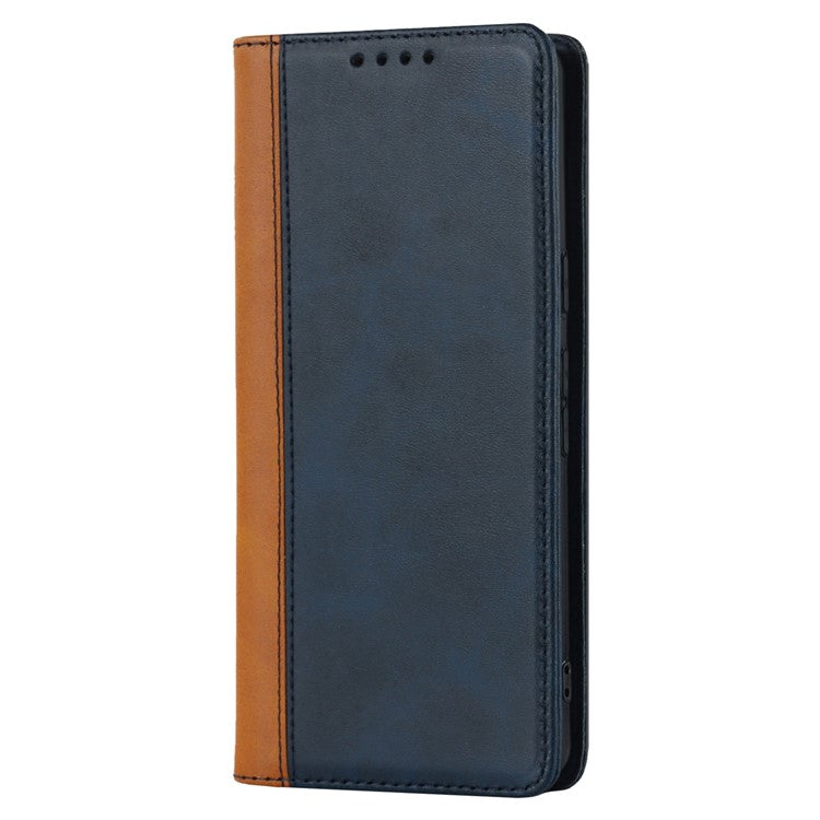 For Google Pixel 7 5G Calf Texture PU Leather Wallet Case Stand Magnetic Auto-absorbed Bi-color Splicing Flip Folio Phone Cover - Blue / Yellow