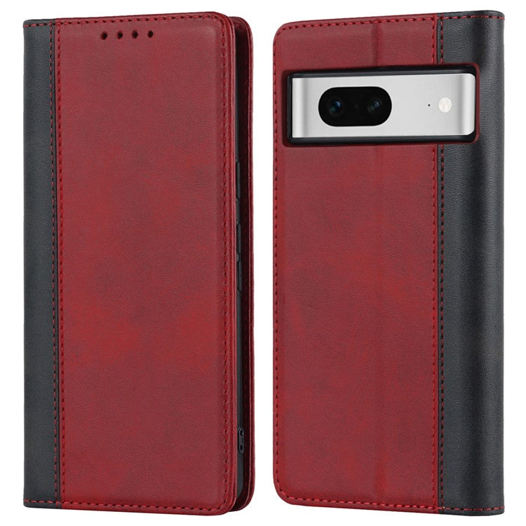 For Google Pixel 7 5G Calf Texture PU Leather Wallet Case Stand Magnetic Auto-absorbed Bi-color Splicing Flip Folio Phone Cover - Red / Black