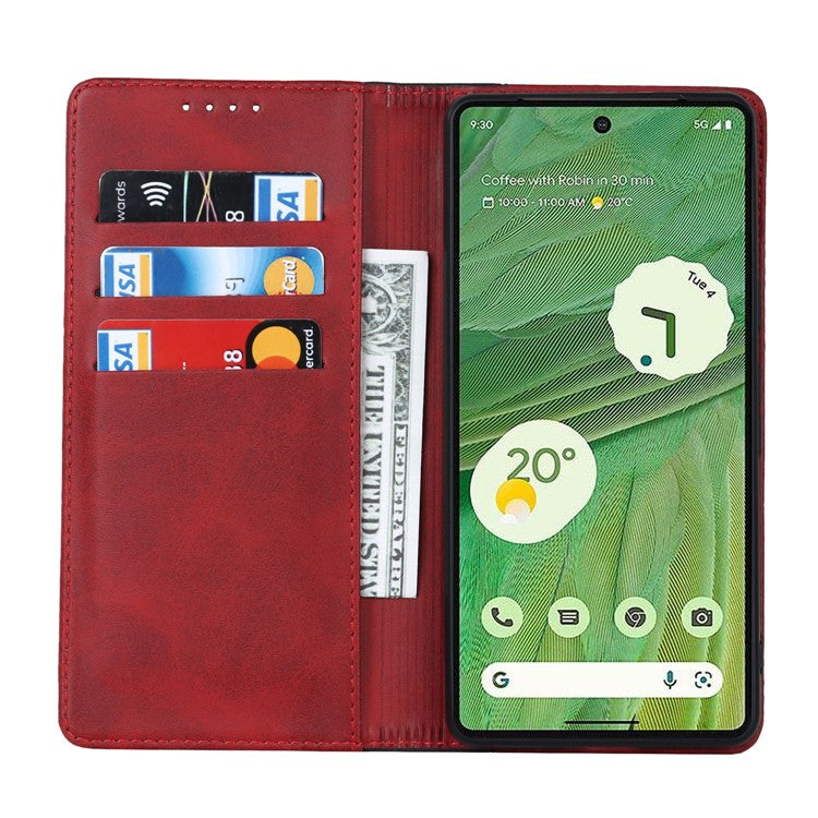 For Google Pixel 7 5G Calf Texture PU Leather Wallet Case Stand Magnetic Auto-absorbed Bi-color Splicing Flip Folio Phone Cover - Red / Black