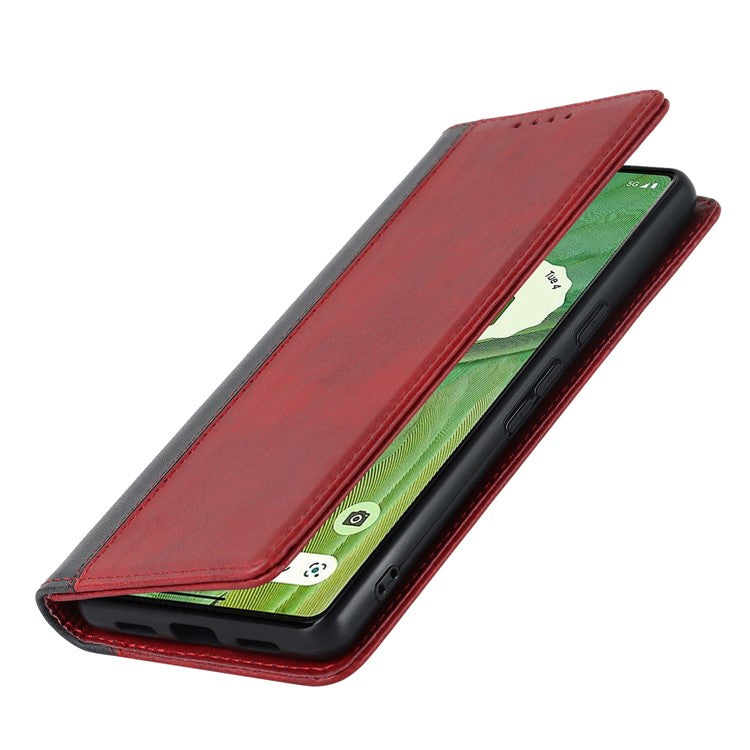 For Google Pixel 7 5G Calf Texture PU Leather Wallet Case Stand Magnetic Auto-absorbed Bi-color Splicing Flip Folio Phone Cover - Red / Black