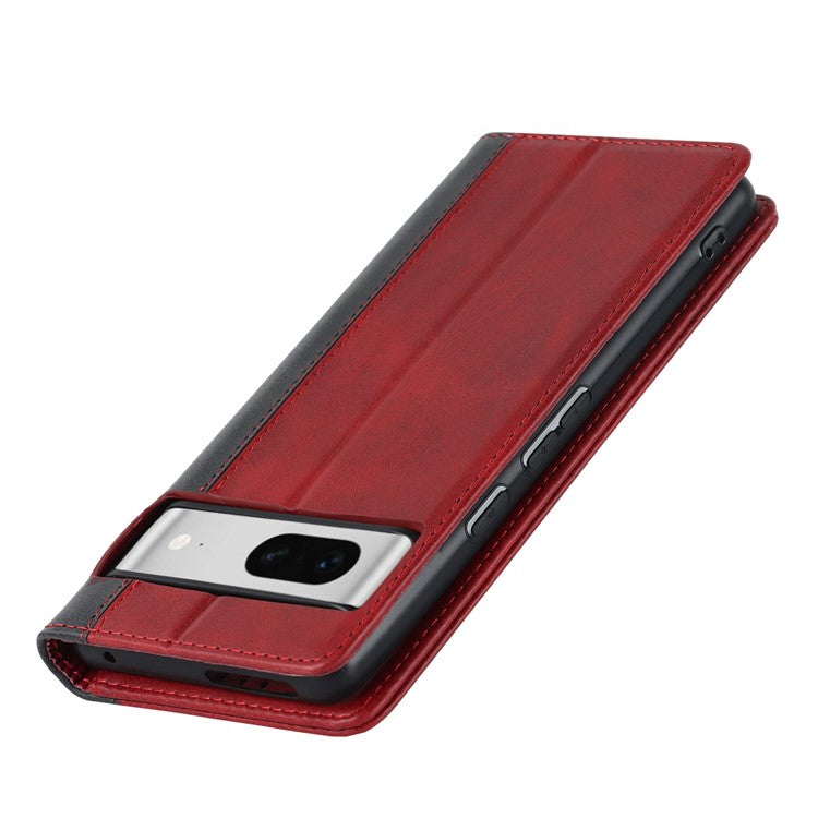 For Google Pixel 7 5G Calf Texture PU Leather Wallet Case Stand Magnetic Auto-absorbed Bi-color Splicing Flip Folio Phone Cover - Red / Black