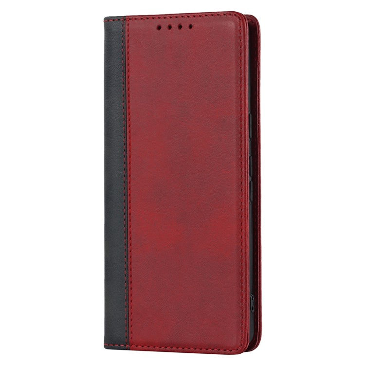 For Google Pixel 7 5G Calf Texture PU Leather Wallet Case Stand Magnetic Auto-absorbed Bi-color Splicing Flip Folio Phone Cover - Red / Black