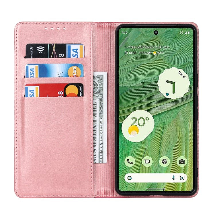 For Google Pixel 7 5G Calf Texture PU Leather Wallet Case Stand Magnetic Auto-absorbed Bi-color Splicing Flip Folio Phone Cover - Rose Gold / Rose