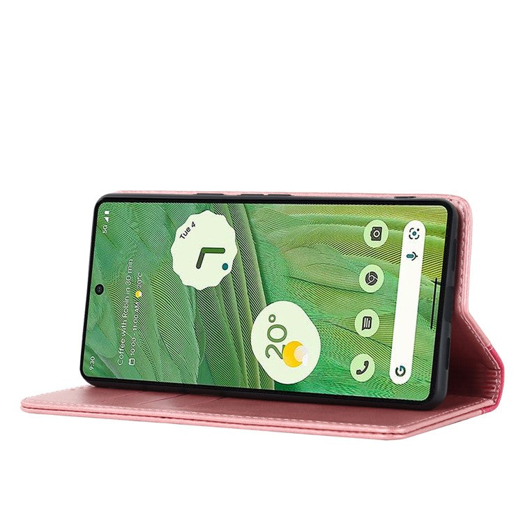 For Google Pixel 7 5G Calf Texture PU Leather Wallet Case Stand Magnetic Auto-absorbed Bi-color Splicing Flip Folio Phone Cover - Rose Gold / Rose