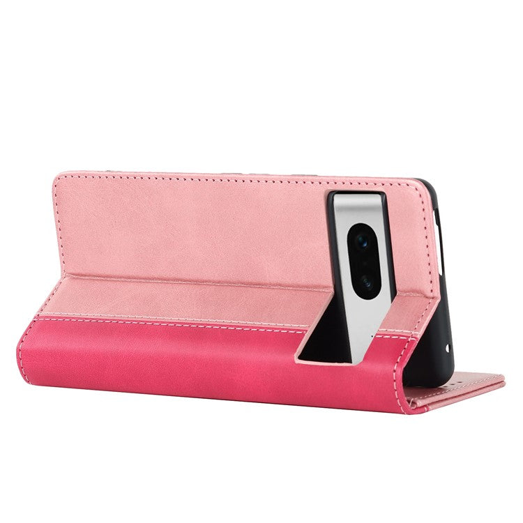 For Google Pixel 7 5G Calf Texture PU Leather Wallet Case Stand Magnetic Auto-absorbed Bi-color Splicing Flip Folio Phone Cover - Rose Gold / Rose
