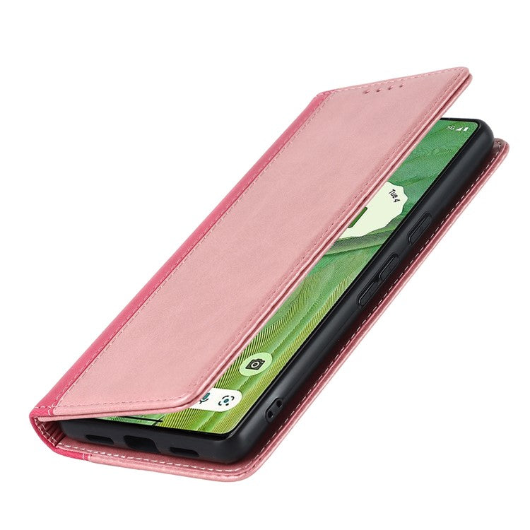 For Google Pixel 7 5G Calf Texture PU Leather Wallet Case Stand Magnetic Auto-absorbed Bi-color Splicing Flip Folio Phone Cover - Rose Gold / Rose