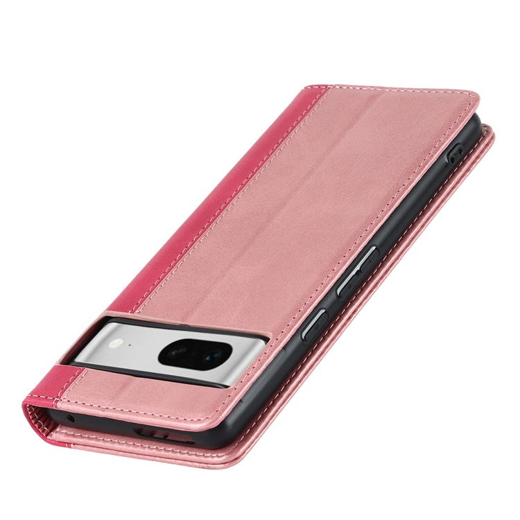 For Google Pixel 7 5G Calf Texture PU Leather Wallet Case Stand Magnetic Auto-absorbed Bi-color Splicing Flip Folio Phone Cover - Rose Gold / Rose