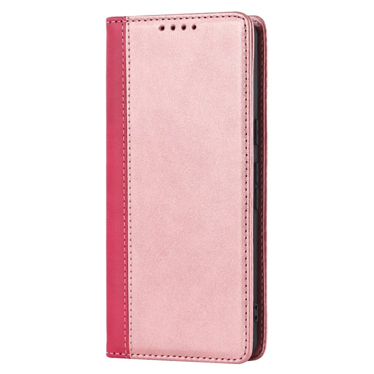 For Google Pixel 7 5G Calf Texture PU Leather Wallet Case Stand Magnetic Auto-absorbed Bi-color Splicing Flip Folio Phone Cover - Rose Gold / Rose