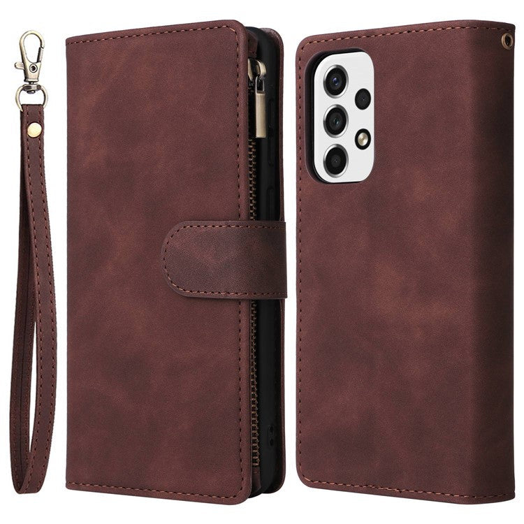 For Samsung Galaxy A23 5G (Global Version) / A23 4G / M23 5G / F23 5G Multiple Card Slots Zipper Pocket PU Leather Phone Stand Case Magnetic Clasp Wallet Cover - Coffee