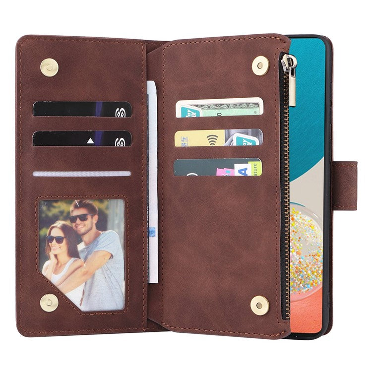 For Samsung Galaxy A23 5G (Global Version) / A23 4G / M23 5G / F23 5G Multiple Card Slots Zipper Pocket PU Leather Phone Stand Case Magnetic Clasp Wallet Cover - Coffee