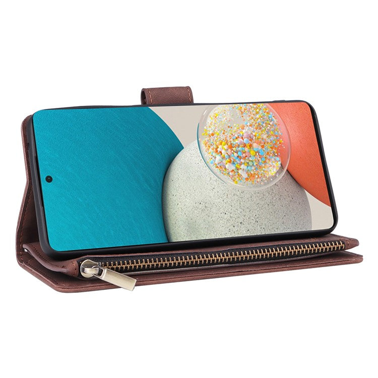 For Samsung Galaxy A23 5G (Global Version) / A23 4G / M23 5G / F23 5G Multiple Card Slots Zipper Pocket PU Leather Phone Stand Case Magnetic Clasp Wallet Cover - Coffee