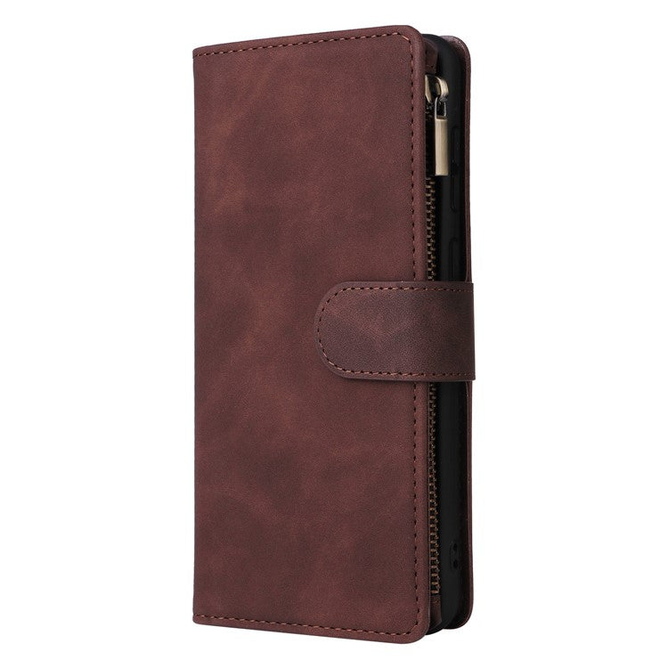 For Samsung Galaxy A23 5G (Global Version) / A23 4G / M23 5G / F23 5G Multiple Card Slots Zipper Pocket PU Leather Phone Stand Case Magnetic Clasp Wallet Cover - Coffee