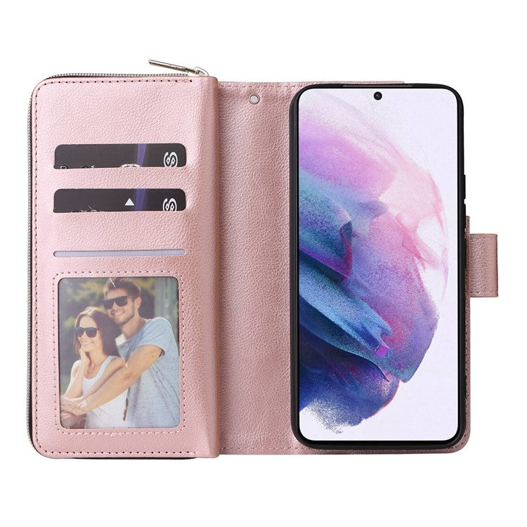 For Samsung Galaxy S23 Stand Wallet Phone PU Leather Flip Case Magnetic 9 Card Holder Slots Zipper Pocket Cover with Strap - Rose Gold