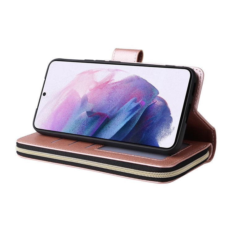 For Samsung Galaxy S23 Stand Wallet Phone PU Leather Flip Case Magnetic 9 Card Holder Slots Zipper Pocket Cover with Strap - Rose Gold