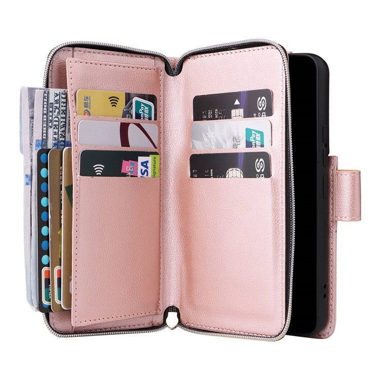 For Samsung Galaxy S23 Stand Wallet Phone PU Leather Flip Case Magnetic 9 Card Holder Slots Zipper Pocket Cover with Strap - Rose Gold