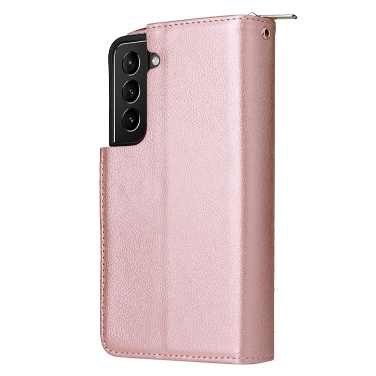For Samsung Galaxy S23 Stand Wallet Phone PU Leather Flip Case Magnetic 9 Card Holder Slots Zipper Pocket Cover with Strap - Rose Gold