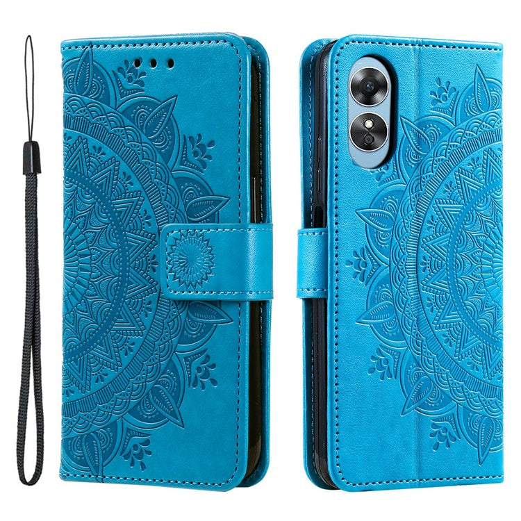 Mandala Flower Imprinted PU Leather Case for Oppo A17 4G / A17k 4G , Flip Stand Magnetic Clasp Protection Wallet Cover - Blue