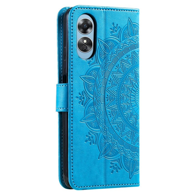 Mandala Flower Imprinted PU Leather Case for Oppo A17 4G / A17k 4G , Flip Stand Magnetic Clasp Protection Wallet Cover - Blue