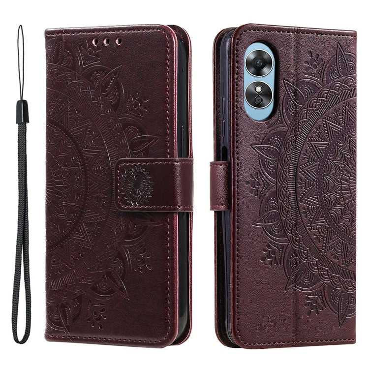 Mandala Flower Imprinted PU Leather Case for Oppo A17 4G / A17k 4G , Flip Stand Magnetic Clasp Protection Wallet Cover - Brown