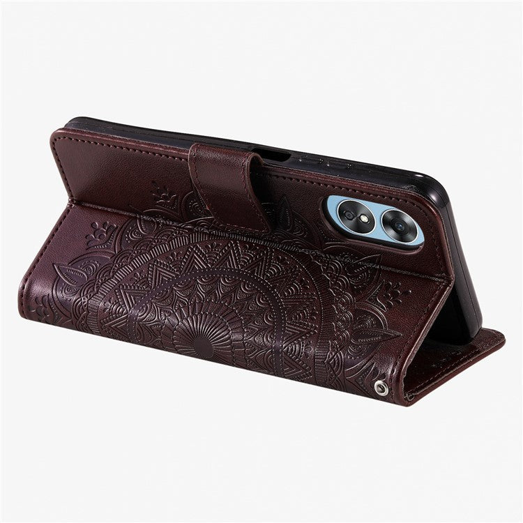 Mandala Flower Imprinted PU Leather Case for Oppo A17 4G / A17k 4G , Flip Stand Magnetic Clasp Protection Wallet Cover - Brown
