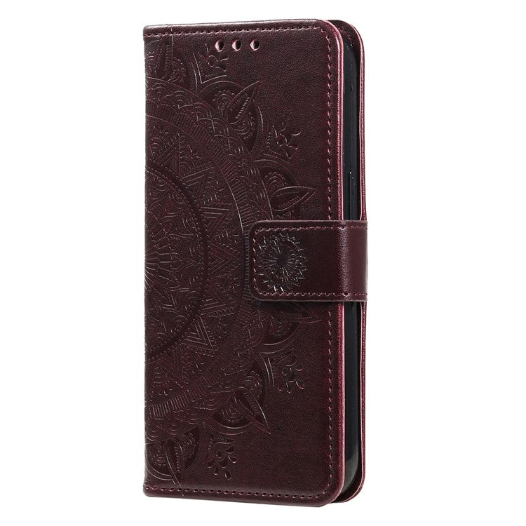 Mandala Flower Imprinted PU Leather Case for Oppo A17 4G / A17k 4G , Flip Stand Magnetic Clasp Protection Wallet Cover - Brown
