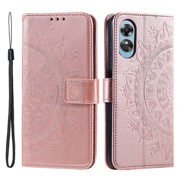 Mandala Flower Imprinted PU Leather Case for Oppo A17 4G / A17k 4G , Flip Stand Magnetic Clasp Protection Wallet Cover - Rose Gold