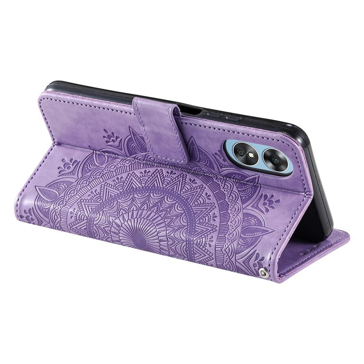 Mandala Flower Imprinted PU Leather Case for Oppo A17 4G / A17k 4G , Flip Stand Magnetic Clasp Protection Wallet Cover - Purple