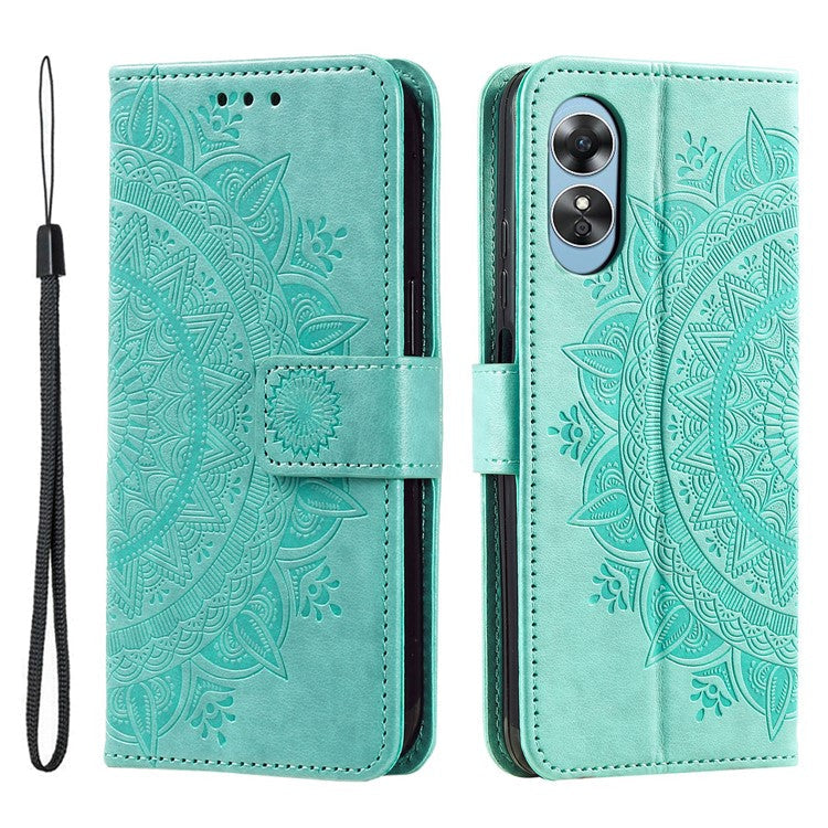 Mandala Flower Imprinted PU Leather Case for Oppo A17 4G / A17k 4G , Flip Stand Magnetic Clasp Protection Wallet Cover - Green