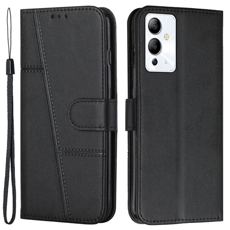 For Infinix Note 12i Stitching PU Leather Phone Cover Wallet Foldable Stand Full Protection Folio Flip Smartphone Case with Strap - Black