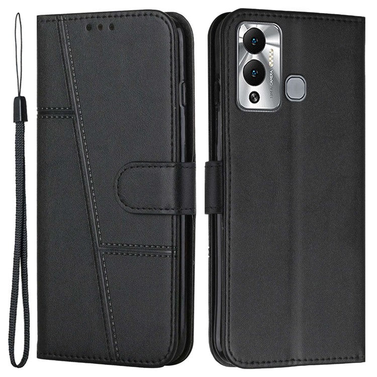For Infinix Hot 12 Play 4G Stitching PU Leather Wallet Phone Case Magnetic Clasp Foldable Stand Cover with Strap - Black