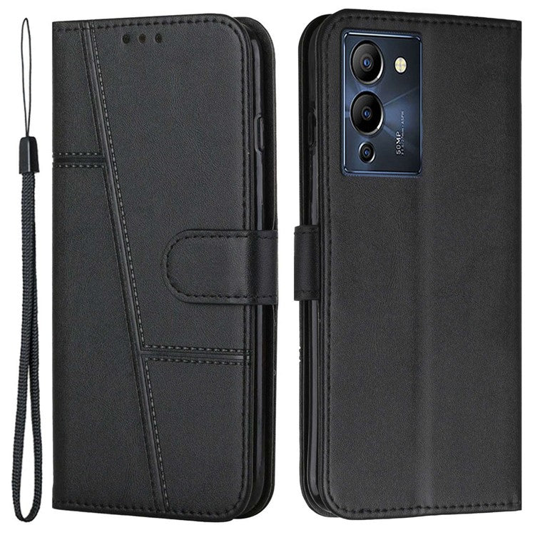 For Infinix Note 12 G96 4G Stitching PU Leather Wallet Folio Flip Phone Case Foldable Stand Shockproof Wallet Cover with Strap - Black
