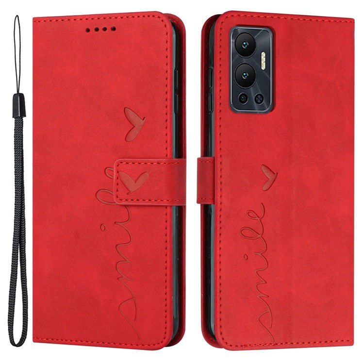 For Infinix Hot 12 4G Heart Shape Imprinting Skin-Touch Phone Stand Case PU Leather Wallet Folio Flip Cover - Red