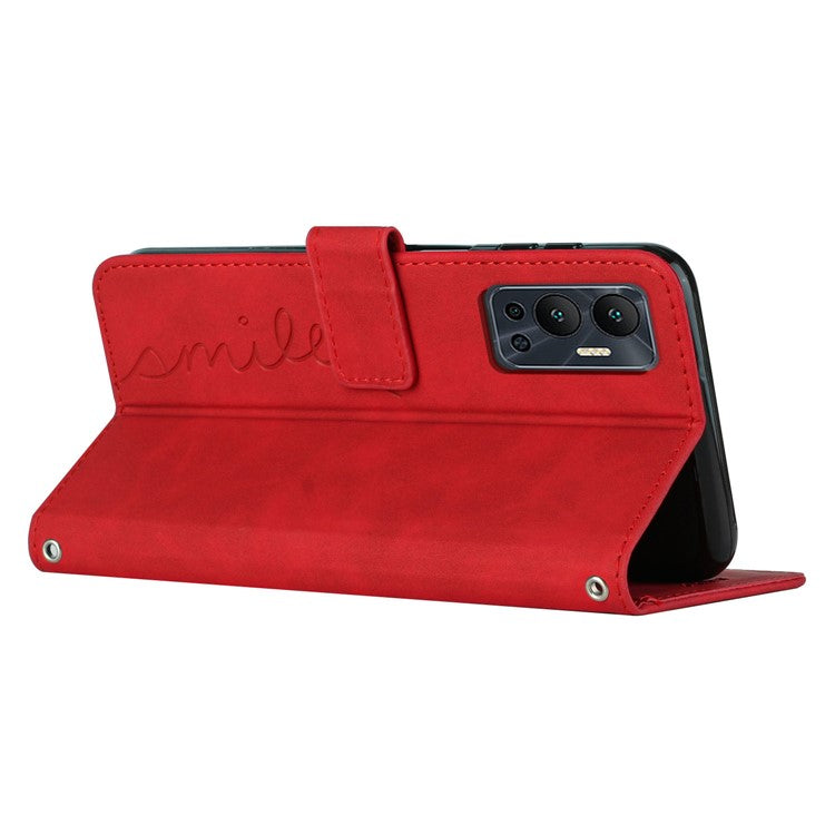 For Infinix Hot 12 4G Heart Shape Imprinting Skin-Touch Phone Stand Case PU Leather Wallet Folio Flip Cover - Red