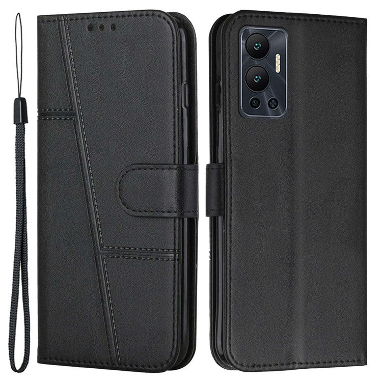 For Infinix Hot 12 4G Stand Wallet Stitching PU Leather Case Full Protection TPU Phone Cover with Strap - Black