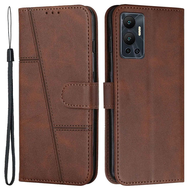 For Infinix Hot 12 4G Stand Wallet Stitching PU Leather Case Full Protection TPU Phone Cover with Strap - Brown