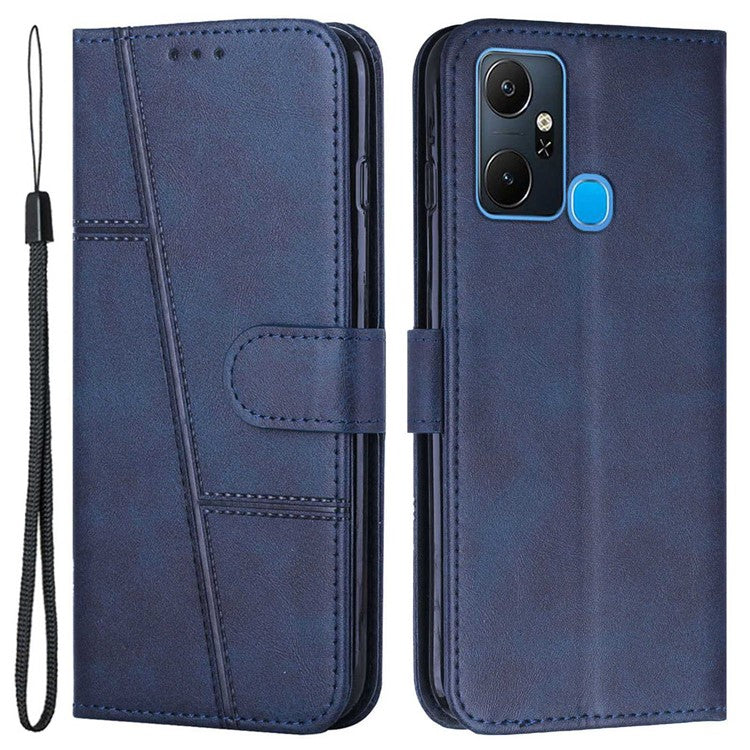 For Infinix Smart 6 Plus (India) 4G Stitching PU Leather Phone Cover Folio Flip Stand Wallet Magnetic Clasp Case with Strap - Sapphire