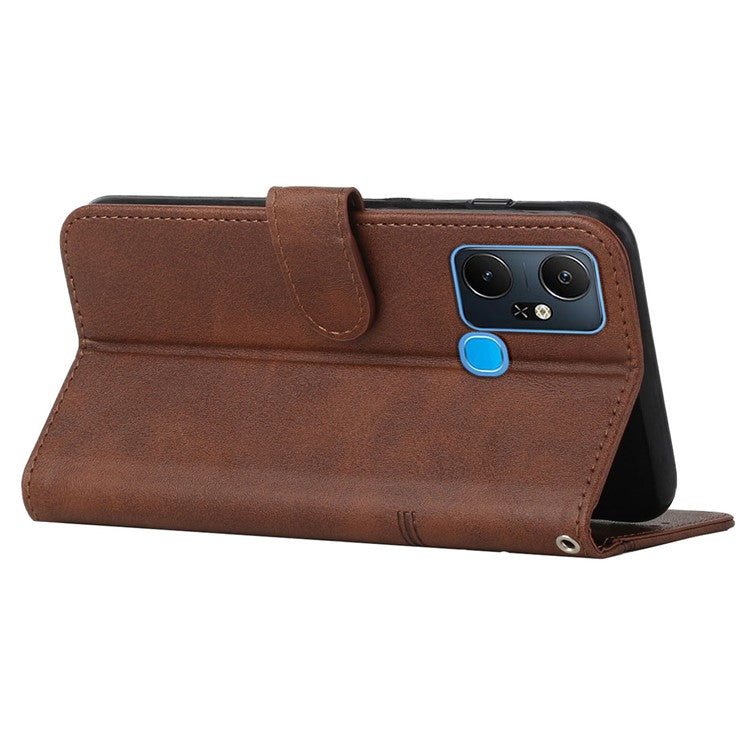For Infinix Smart 6 Plus (India) 4G Stitching PU Leather Phone Cover Folio Flip Stand Wallet Magnetic Clasp Case with Strap - Brown